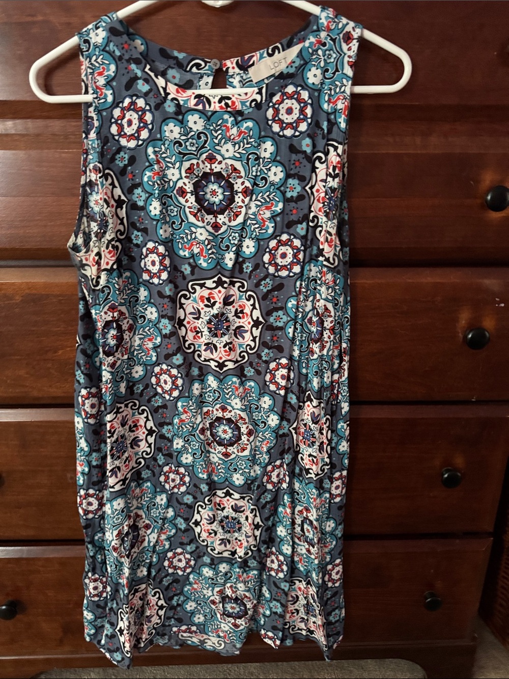 LOFT Navy, Teal & White Medallion Sleeveless Shift Dress